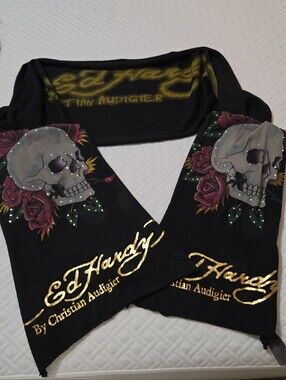 Vintage Ed Hardy Black Scarf with Skull, Red Roses and Gold Script